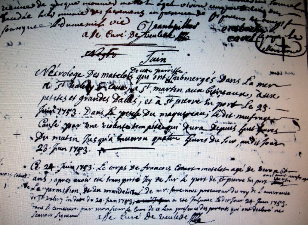 Illustration 1 : Récit de la tempête du 23 juin 1753 écrit par le curé de Veulettes.